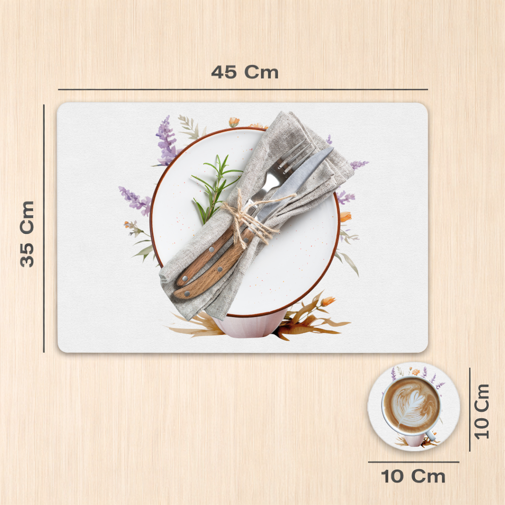 Turuncu Kır Çiçekleri ve Lavanta Servis Tabağı Altlığı (12 Adet)