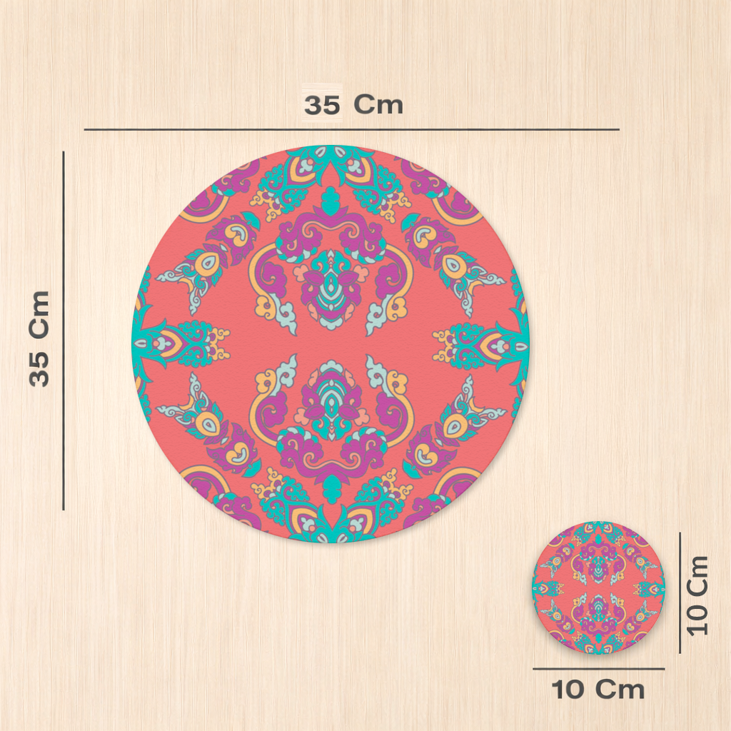 Canlı Kırmızı Zeminli Oryantal Mandala Deseni Servis Tabağı Altlığı (12 Adet)