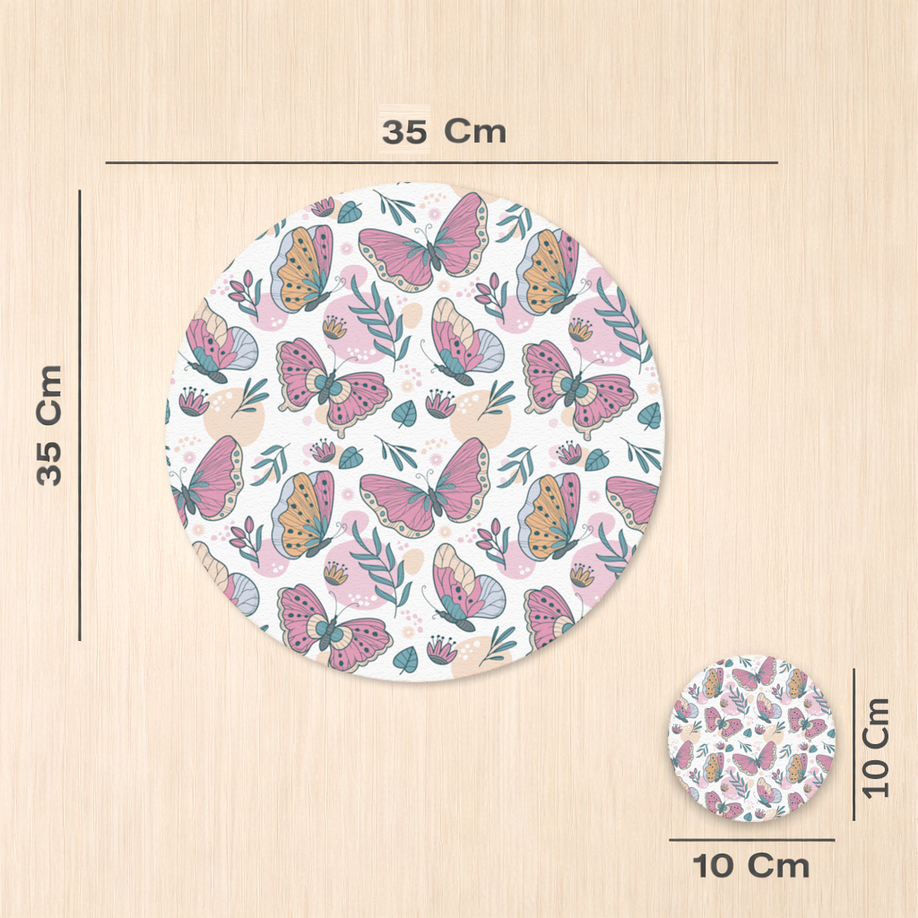 Pastel Renkli Kelebekler ve Botanik Yaprak Desenli İllüstrasyon Servis Tabağı Altlığı (12 Adet)