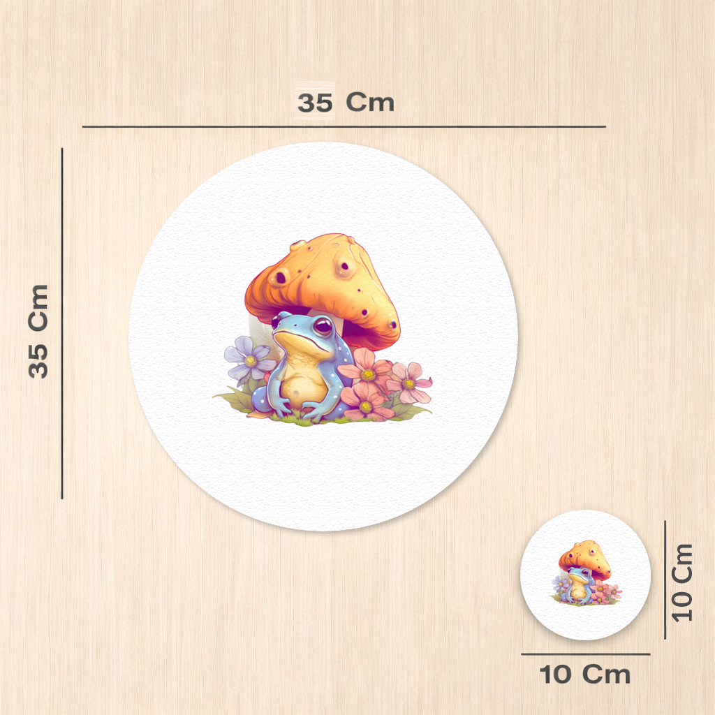 Blue Frog Resting Under Orange Mushroom Charger Plate Set  12 Pieces