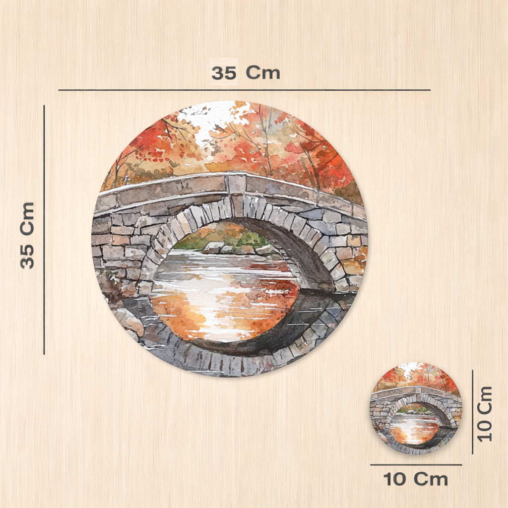 Autumn Stone Arch Bridge Over River Charger Plate Set  12 Pieces