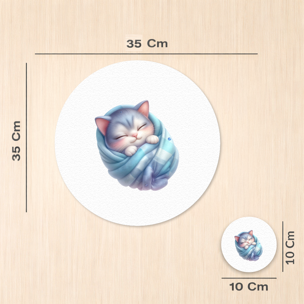 Kawaii Mavi Battaniyeli Uyuyan Kedi Servis Tabağı Altlığı (12 Adet)