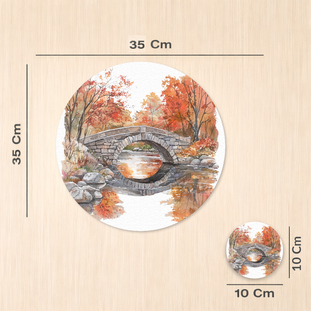 Sonbahar Taş Kemer Köprü ve Nehir Servis Tabağı Altlığı (12 Adet)