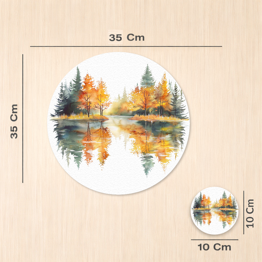 Sonbahar Ormanı Göl Yansıması Servis Tabağı Altlığı (12 Adet)
