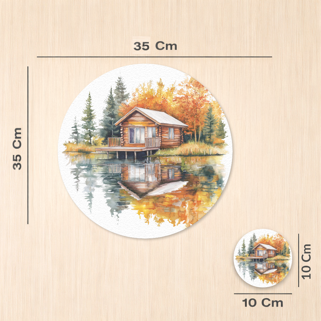 Göl Kenarı Kütük Ev ve Sonbahar Servis Tabağı Altlığı (12 Adet)
