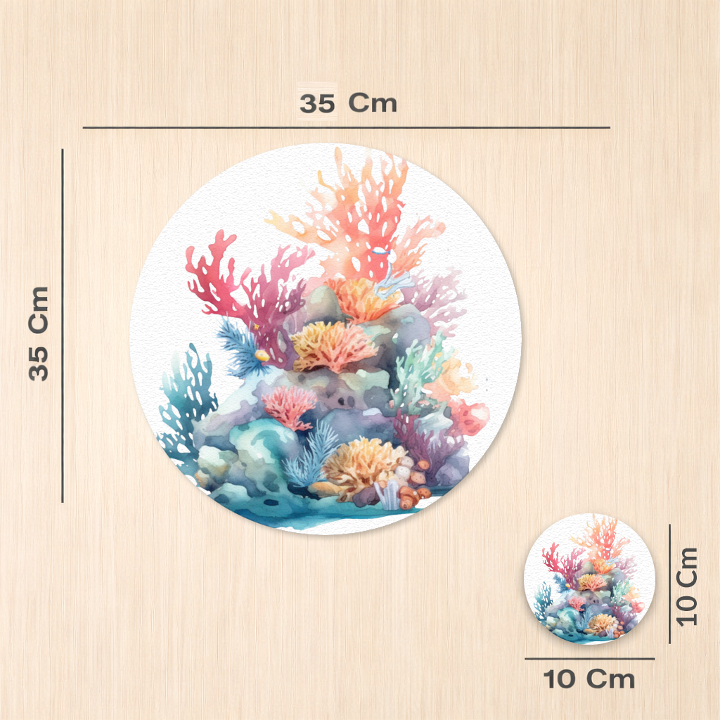 Renkli Suluboya Mercan Kayalığı Servis Tabağı Altlığı (12 Adet)