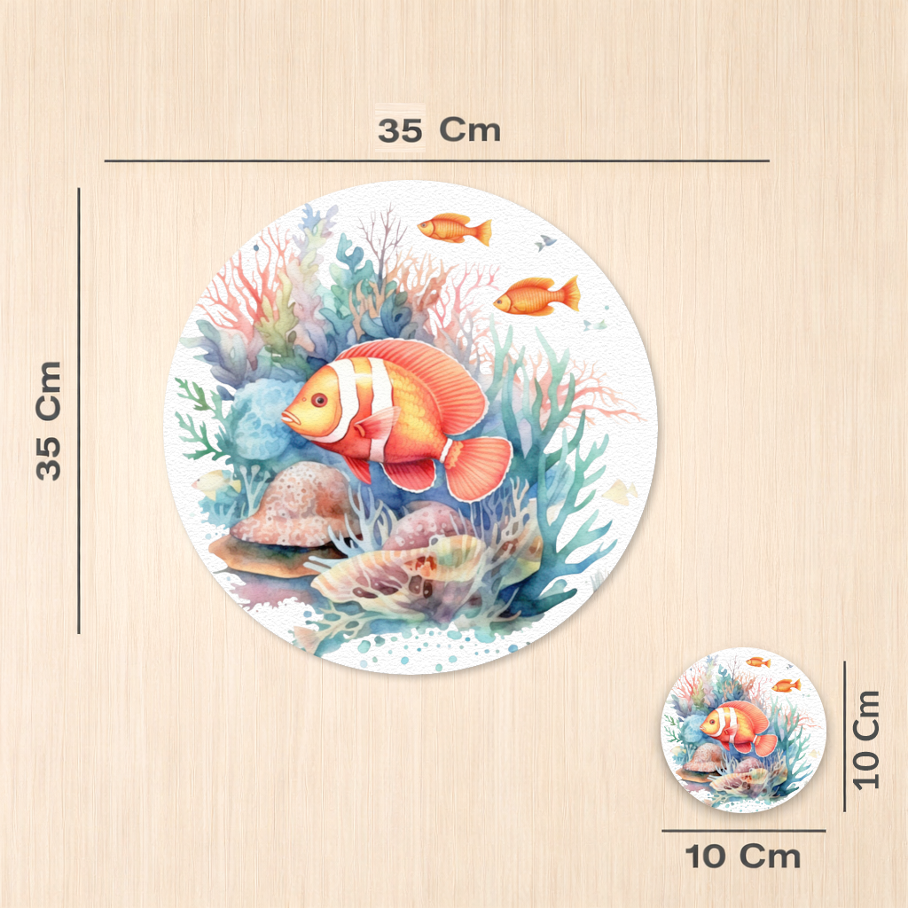 Renkli Mercan Resifi ve Turuncu Balıklar Servis Tabağı Altlığı (12 Adet)