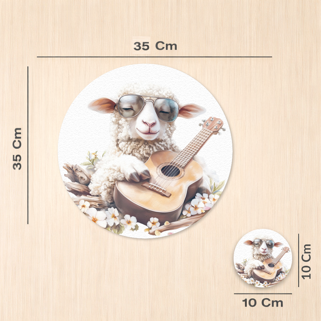 Ukulele Çalan Havalı Gözlüklü Koyun Servis Tabağı Altlığı (12 Adet)