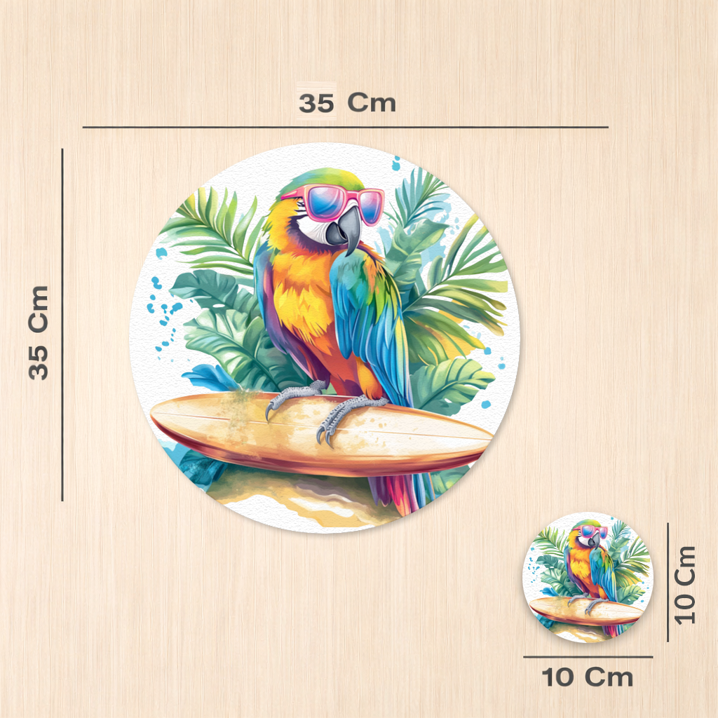 Sörf Yapan Güneş Gözlüklü Papağan Servis Tabağı Altlığı (12 Adet)