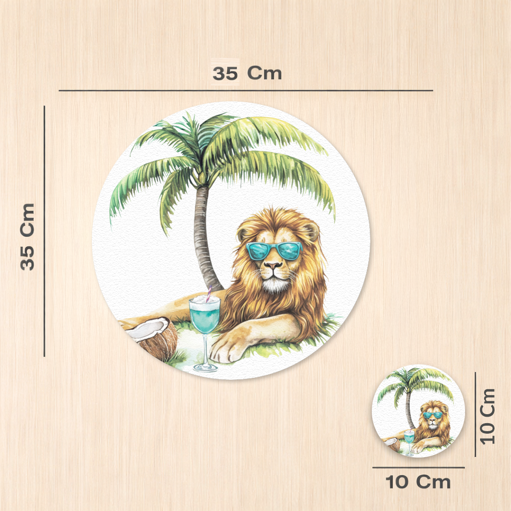 Yaz Tatili Yapan Gözlüklü Aslan Servis Tabağı Altlığı (12 Adet)