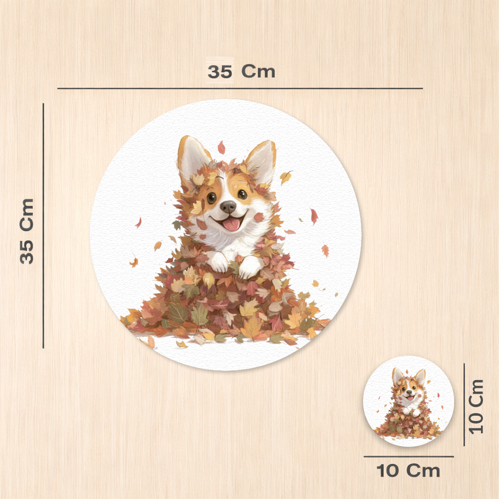 Sonbahar Yaprakları İçinde Mutlu Corgi Servis Tabağı Altlığı (12 Adet)