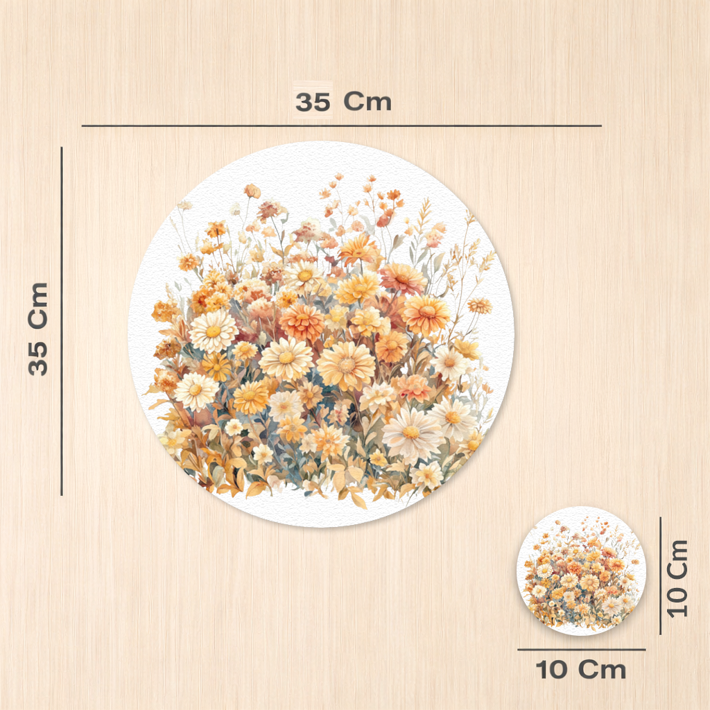 Sulu Boya Turuncu Yabani Çiçekler Servis Tabağı Altlığı (12 Adet)