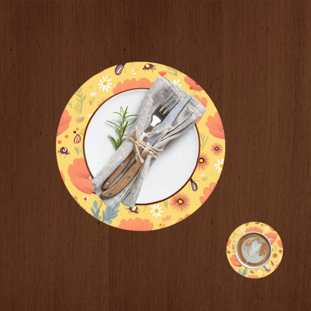 Çiçek ve Böcek Deseni Renkli Pattern Servis Tabağı Altlığı (12 Adet)