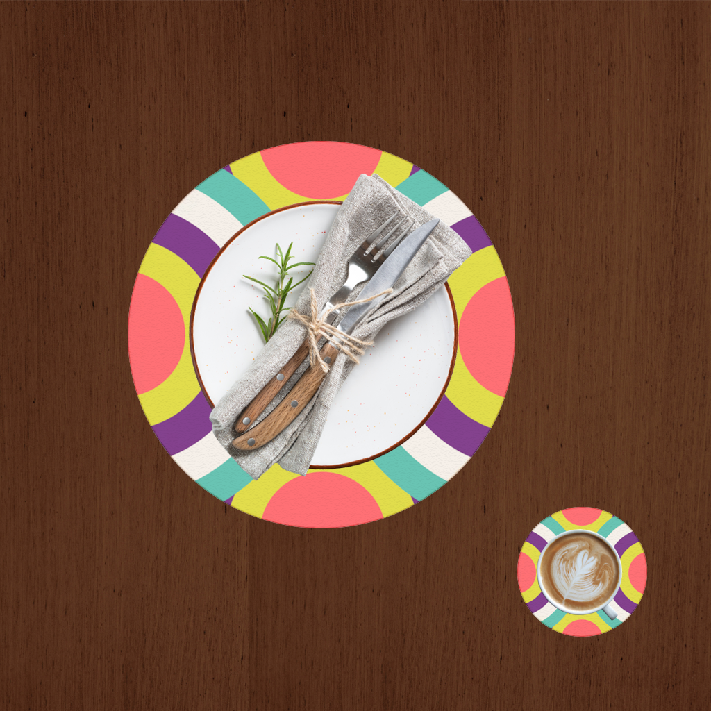 Geometrik Retro Daire Deseni Turkuaz  Mor Servis Tabağı Altlığı (12 Adet)