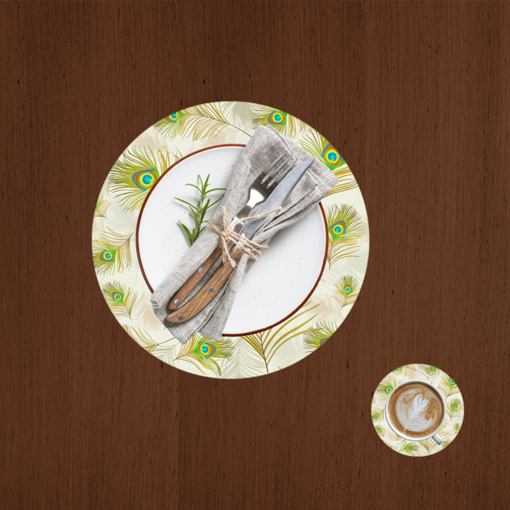 Zarif Tavus Kuşu Tüyleri ve Egzotik Doğa Deseni Servis Tabağı Altlığı (12 Adet)