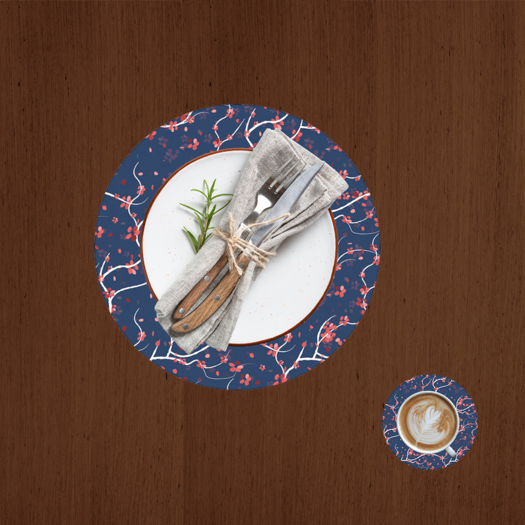 Red Floral Branch Pattern on Navy Background Charger Plate Set  12 Pieces