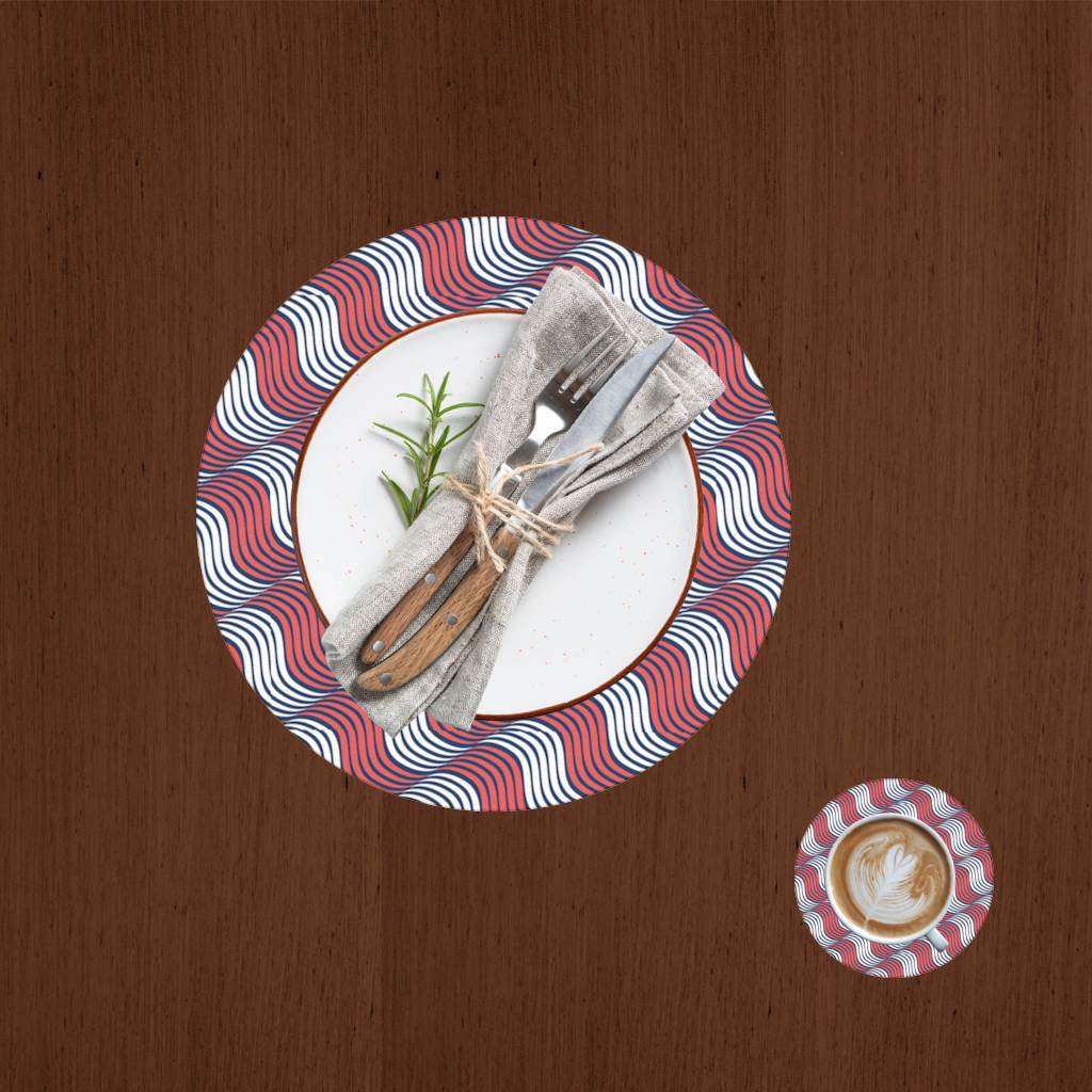 Red and Navy Wavy Line Pattern Charger Plate Set  12 Pieces