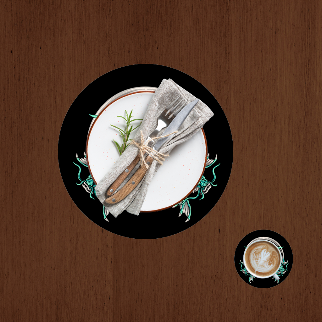 Turkuaz Çift Ejderha Amblem Tasarımı Servis Tabağı Altlığı (12 Adet)