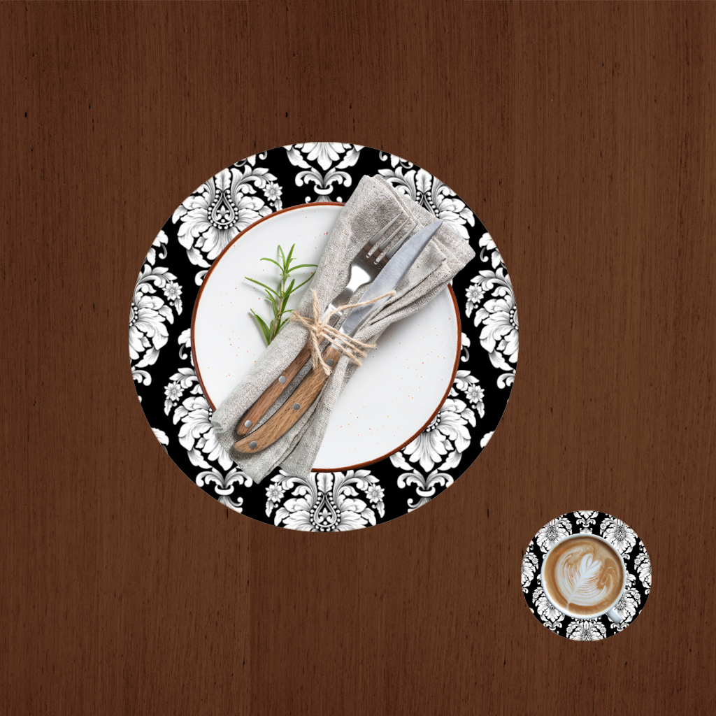 Black and White Baroque Floral Pattern Charger Plate Set  12 Pieces