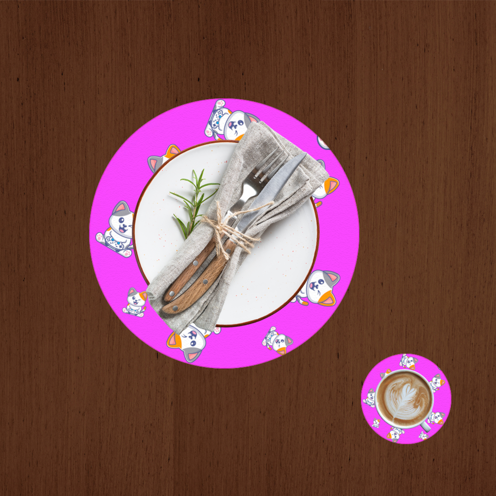 Cute Cartoon Cat Pattern on Pink Background Charger Plate Set  12 Pieces