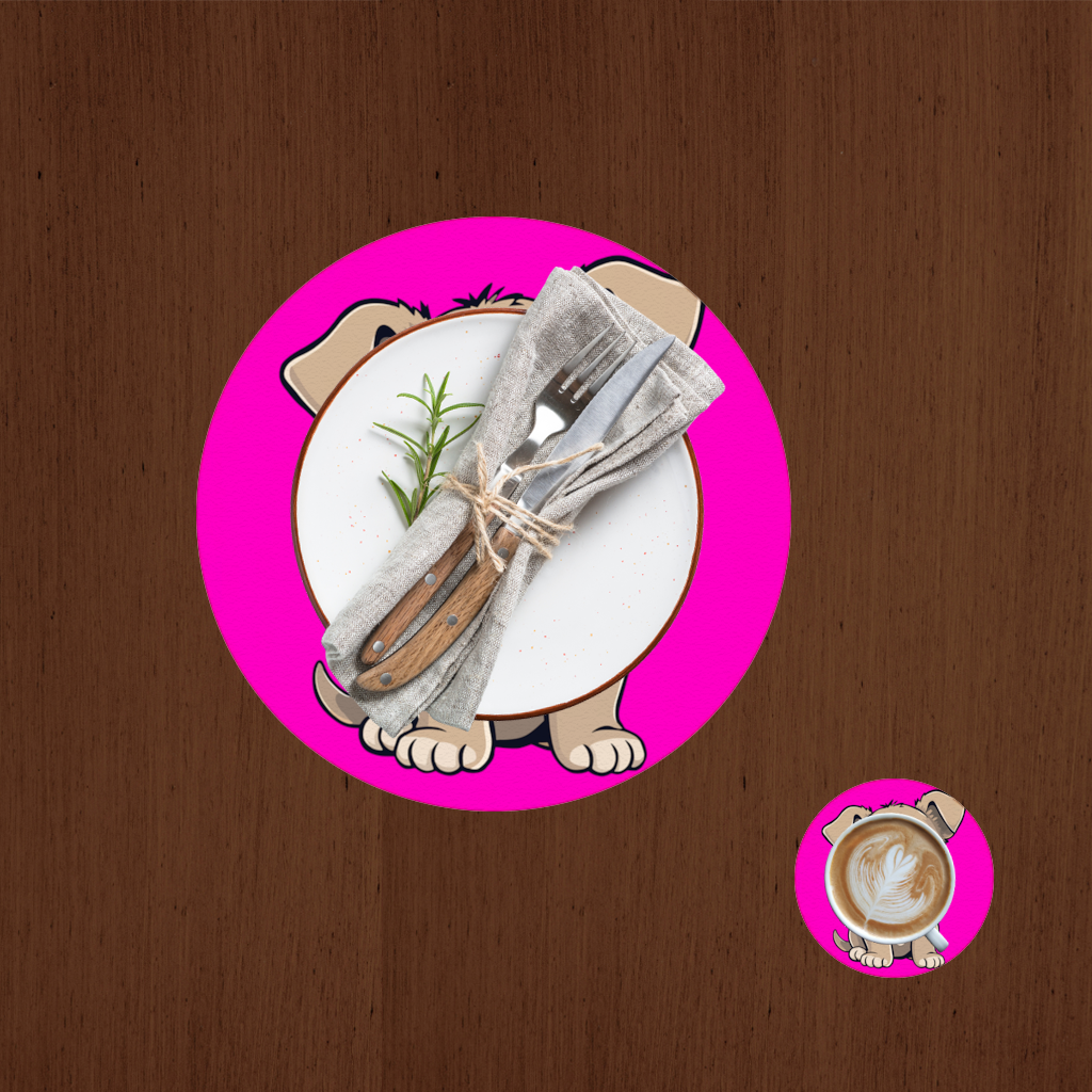 Pembe Arka Planlı Sevimli Köpek Çizimi Servis Tabağı Altlığı (12 Adet)