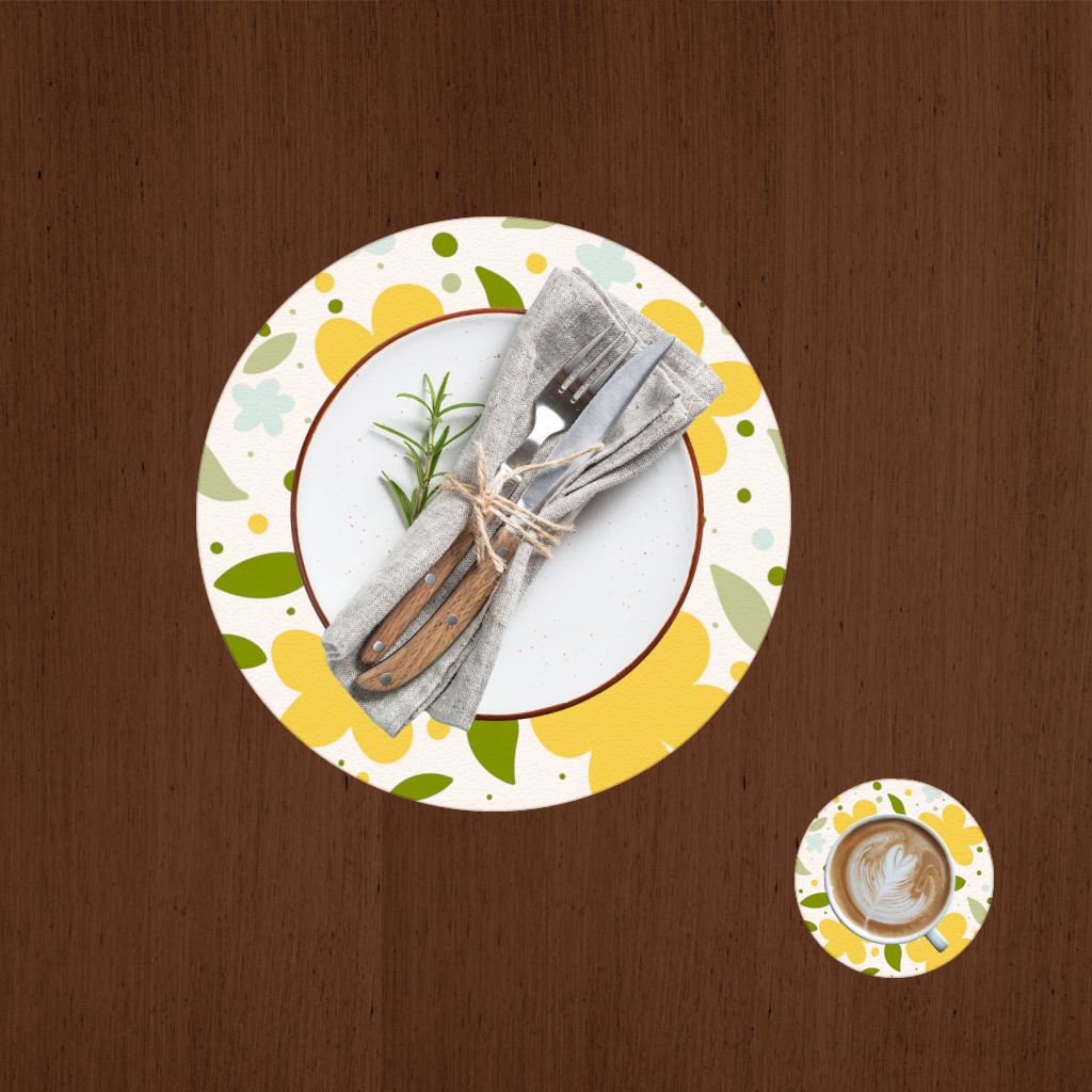 Yellow Floral and Leaf Boho Seamless Pattern Charger Plate Set  12 Pieces