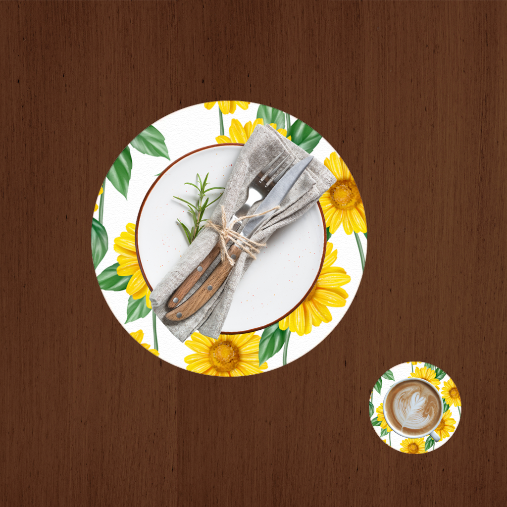 Vibrant Yellow Sunflower and Green Leaf Pattern Illustration Charger Plate Set  12 Pieces