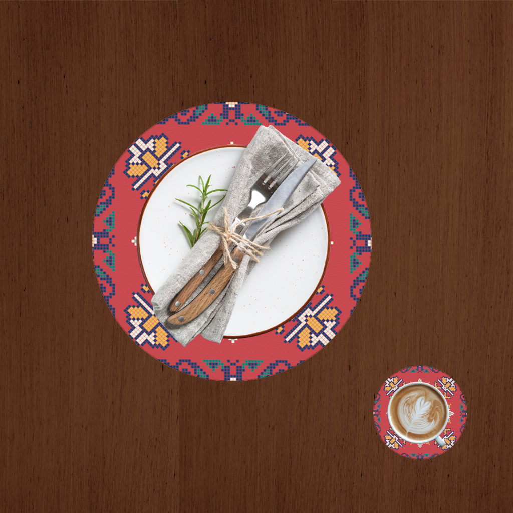 Traditional Kilim Inspired Red Ethnic Geometric Pattern Charger Plate Set  12 Pieces