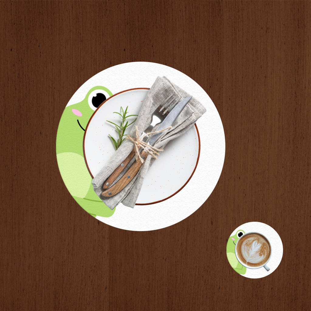 Sevimli Yeşil Kurbağa Peek-a-Boo İllüstrasyonu Servis Tabağı Altlığı (12 Adet)