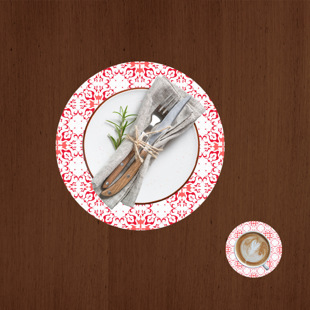 Red and White Traditional Tile Style Pattern Charger Plate Set  12 Pieces