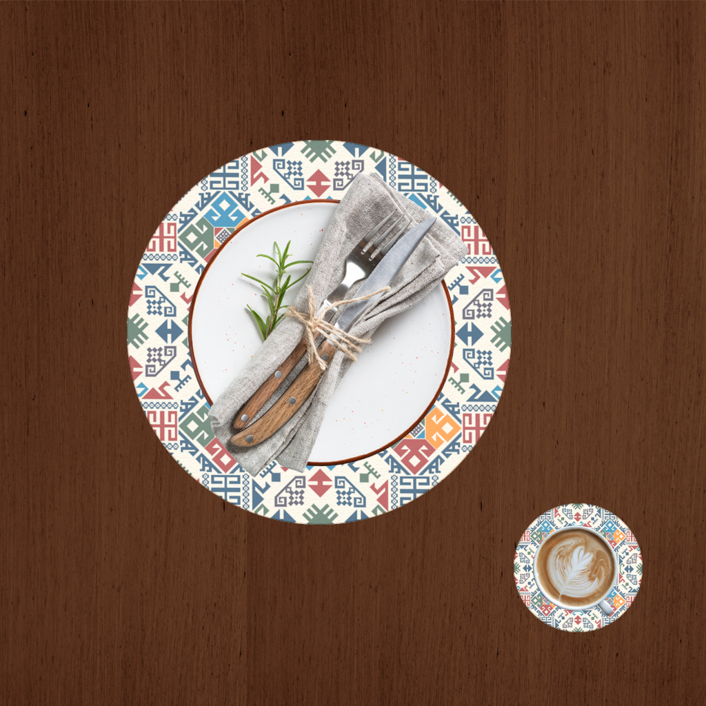 Multicolor Ethnic Geometric Motif Charger Plate Set  12 Pieces