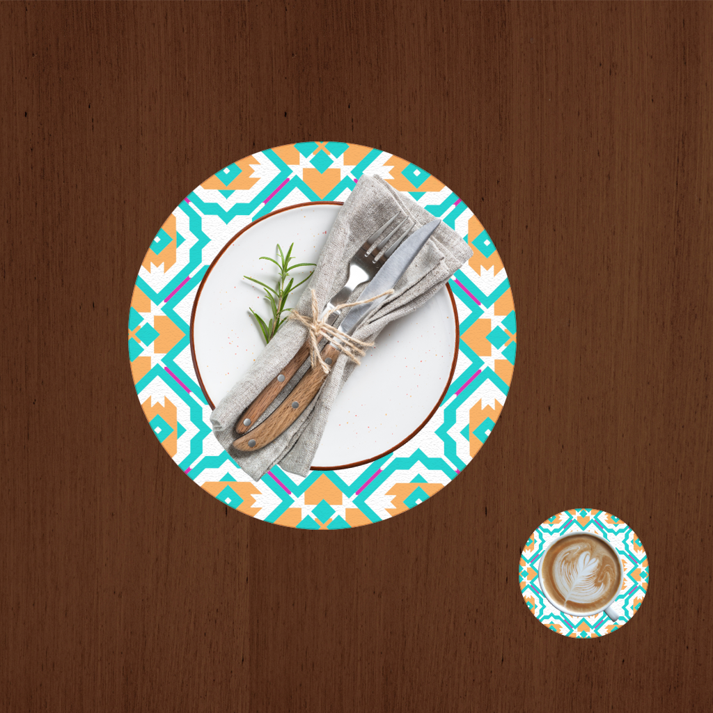 Orange and Turquoise Geometric Pattern Charger Plate Set  12 Pieces