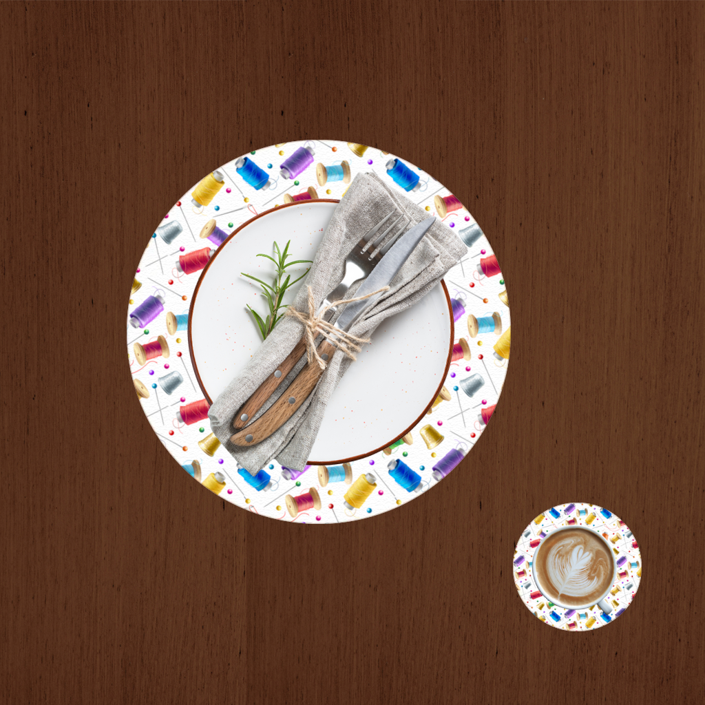 Colorful Thread Spools and Sewing Tools Pattern Charger Plate Set  12 Pieces