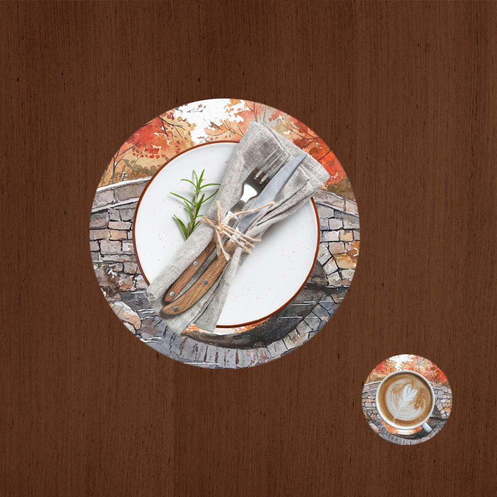 Sonbahar Taş Kemer Köprü ve Nehir Servis Tabağı Altlığı (12 Adet)