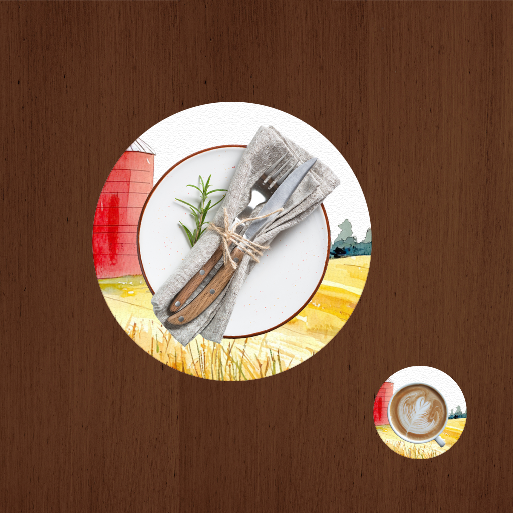 Red Farm Silo and Golden Wheat Field Charger Plate Set  12 Pieces