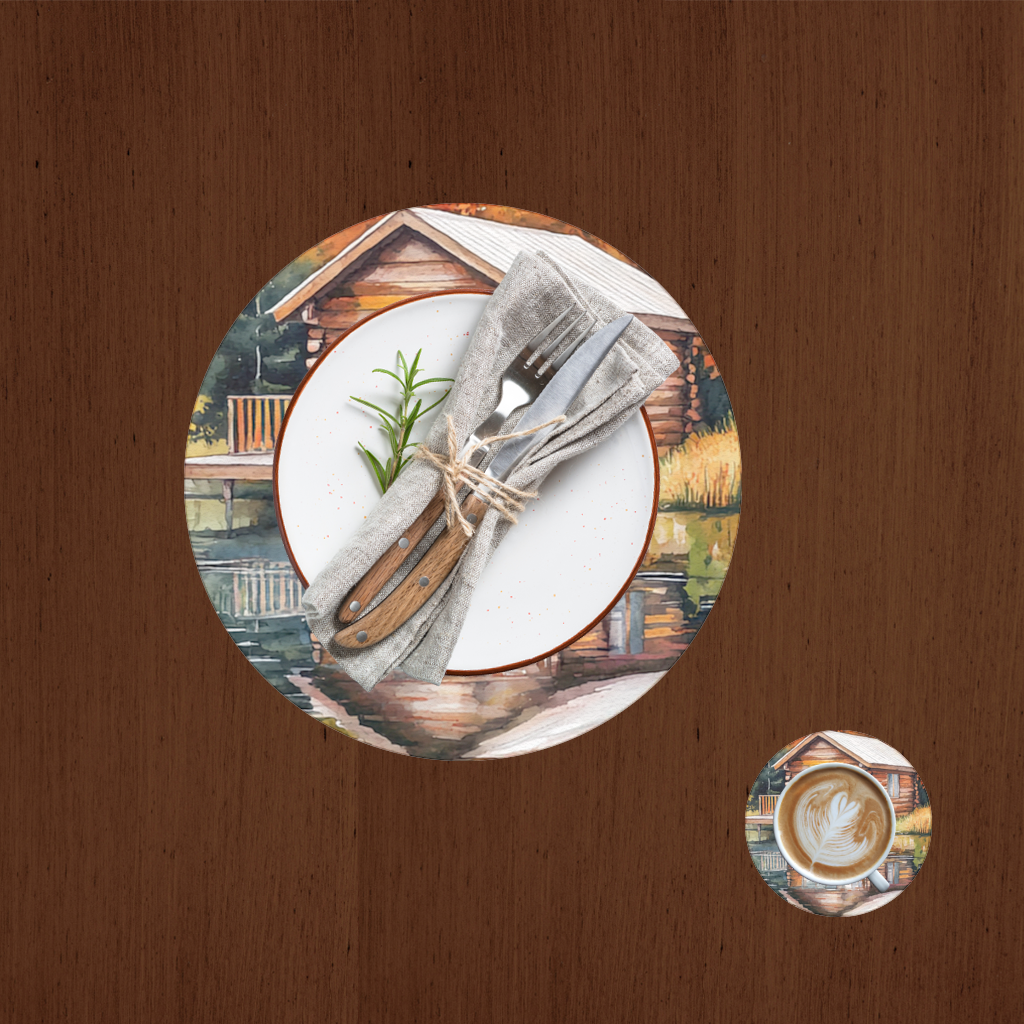 Lakeside Log Cabin Autumn Landscape Charger Plate Set  12 Pieces