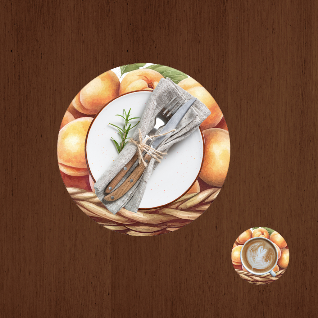 Fresh Peaches in Wicker Basket Charger Plate Set  12 Pieces