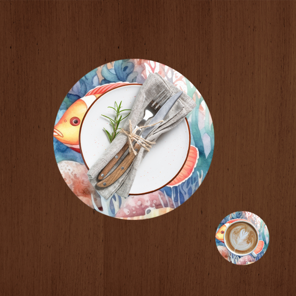 Watercolor Clownfish and Tropical Coral Reef Charger Plate Set  12 Pieces