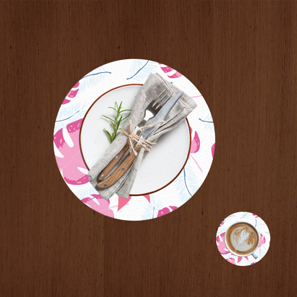 Pembe Monstera ve Tropikal Lilyum Servis Tabağı Altlığı (12 Adet)