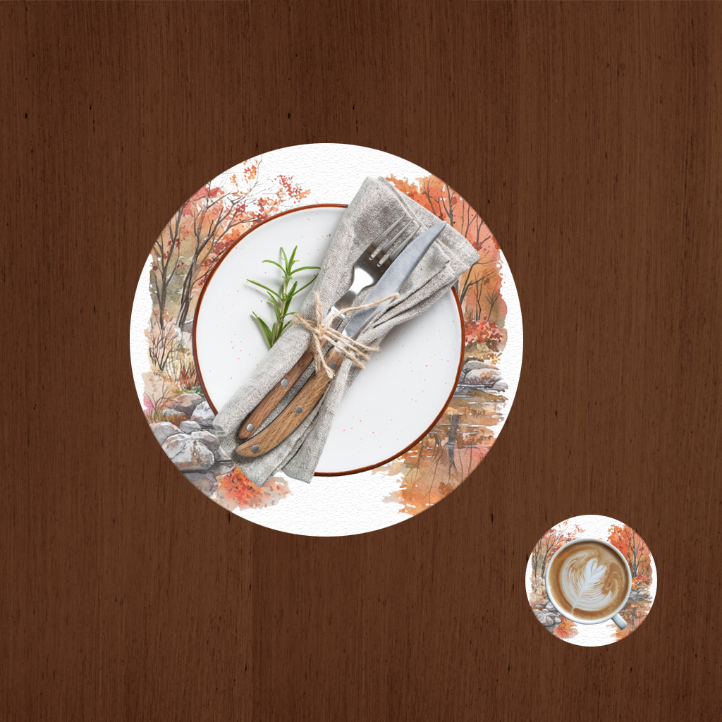 Autumn Stone Arch Bridge Over River Charger Plate Set  12 Pieces