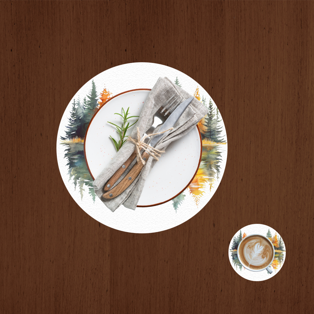 Sonbahar Ormanı Göl Yansıması Servis Tabağı Altlığı (12 Adet)