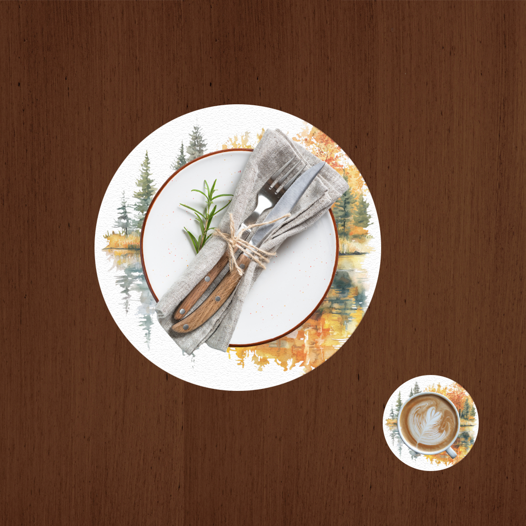 Göl Kenarı Kütük Ev ve Sonbahar Servis Tabağı Altlığı (12 Adet)