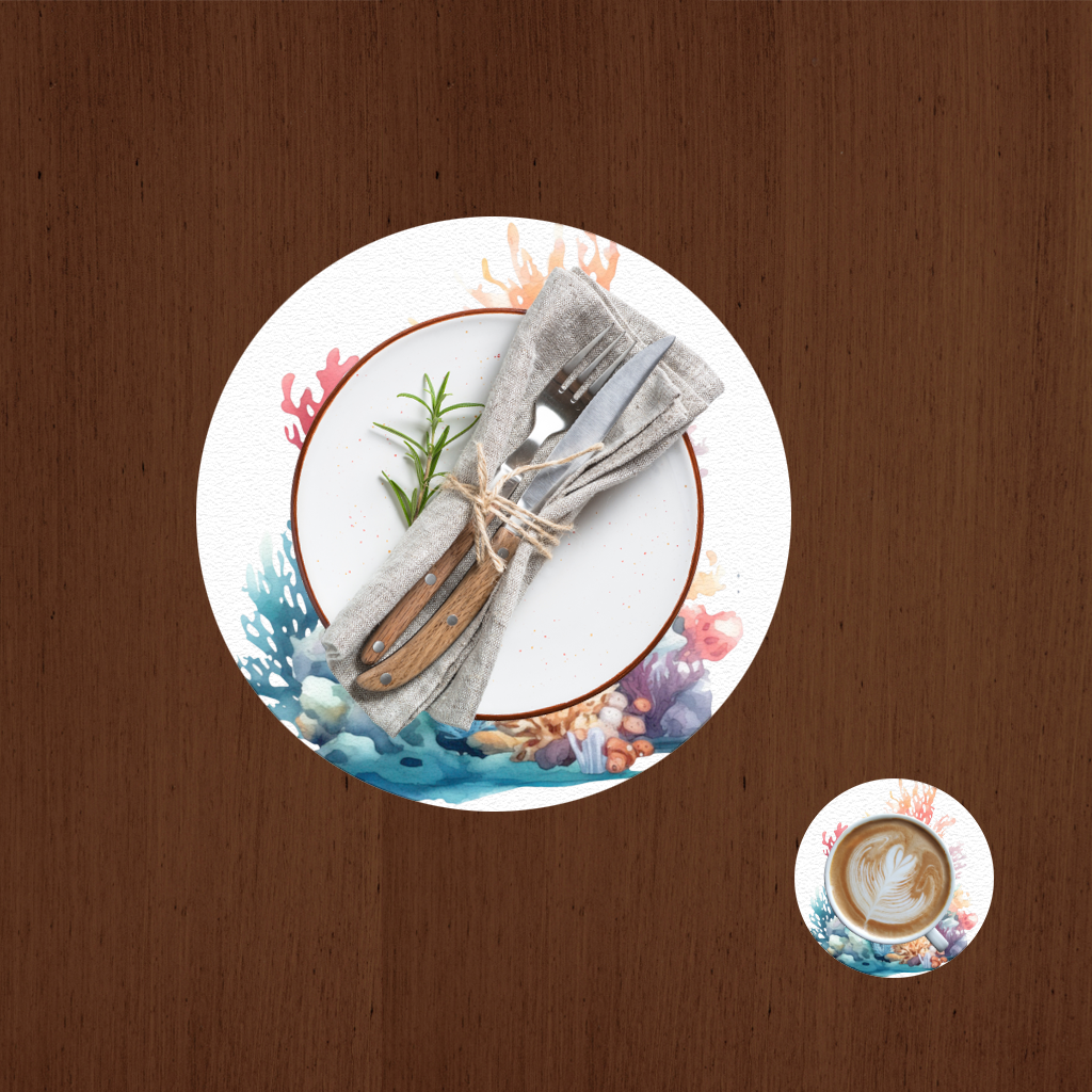 Renkli Suluboya Mercan Kayalığı Servis Tabağı Altlığı (12 Adet)