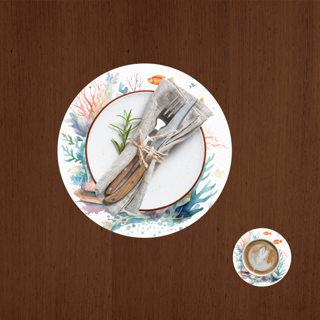 Renkli Mercan Resifi ve Turuncu Balıklar Servis Tabağı Altlığı (12 Adet)