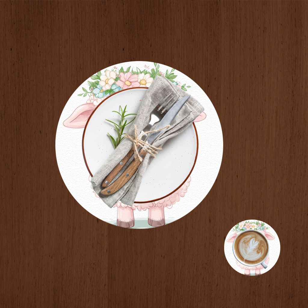 Kawaii Çiçek Taçlı Pembe Kuzu Servis Tabağı Altlığı (12 Adet)