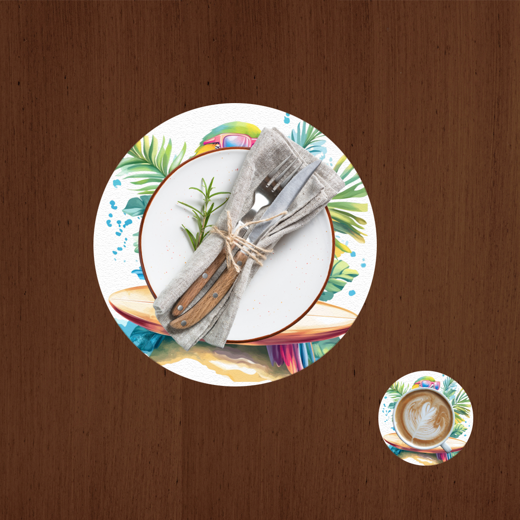 Sörf Yapan Güneş Gözlüklü Papağan Servis Tabağı Altlığı (12 Adet)