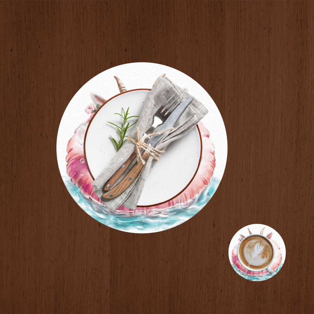 Pembe Gözlüklü Havuzda Yavru Keçi Servis Tabağı Altlığı (12 Adet)