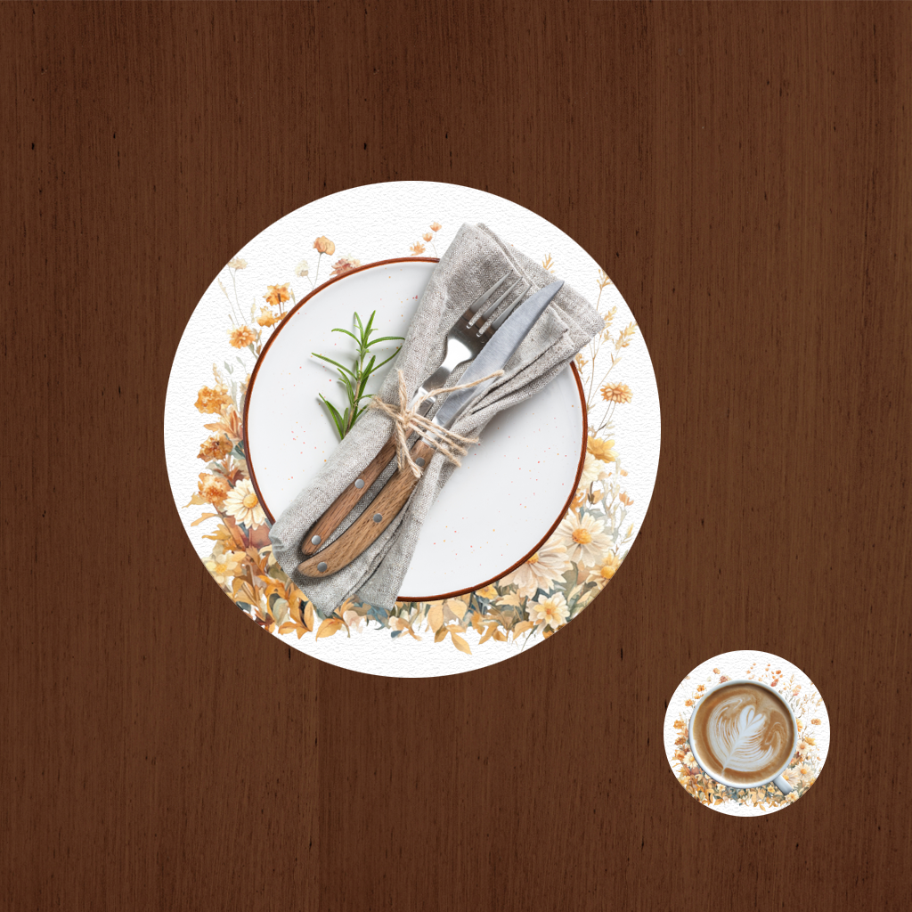 Sulu Boya Turuncu Yabani Çiçekler Servis Tabağı Altlığı (12 Adet)