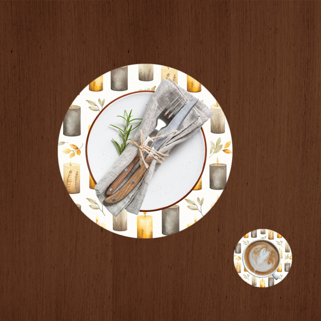Warm Neutral Autumn Candles and Leaves Charger Plate Set  12 Pieces