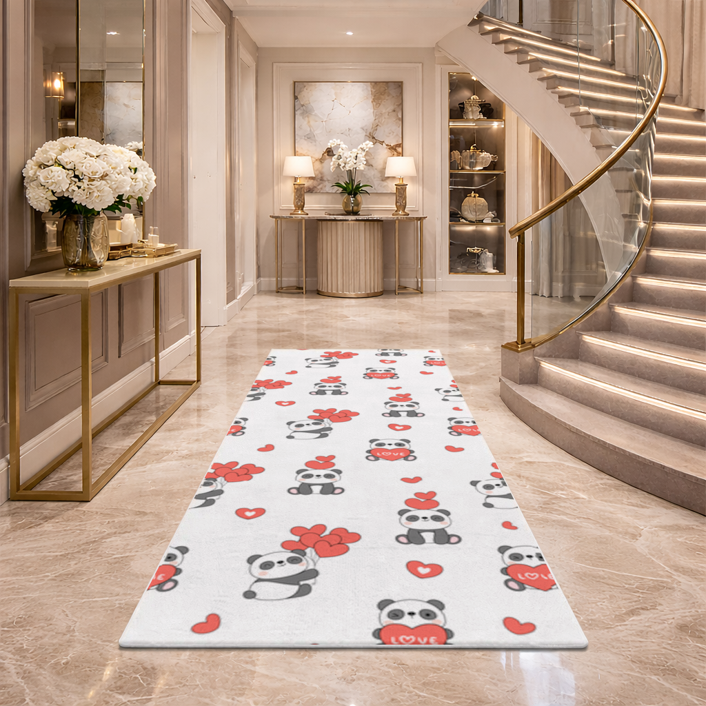Cute Panda Valentines Day Love Heart Pattern Design Hallway & Entryway Rug
